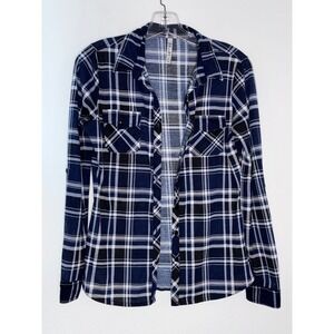RnB Plaid Button Down Shirt Navy Blue Black White Roll Tab Sleeve Womens Medium